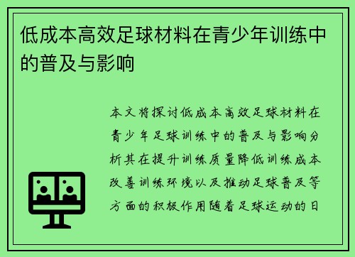 低成本高效足球材料在青少年训练中的普及与影响